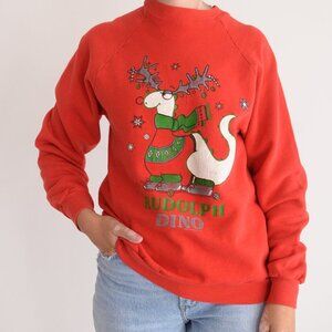 Vintage Red Christmas Crew Rudolph Dino Festive Holiday Ugly Sweater Large
